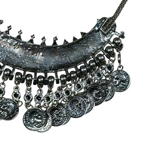 Boho Oxidized Silver Tone Tribal Coin Fringe Bib Necklace Statement Choker - Picture 8 of 14